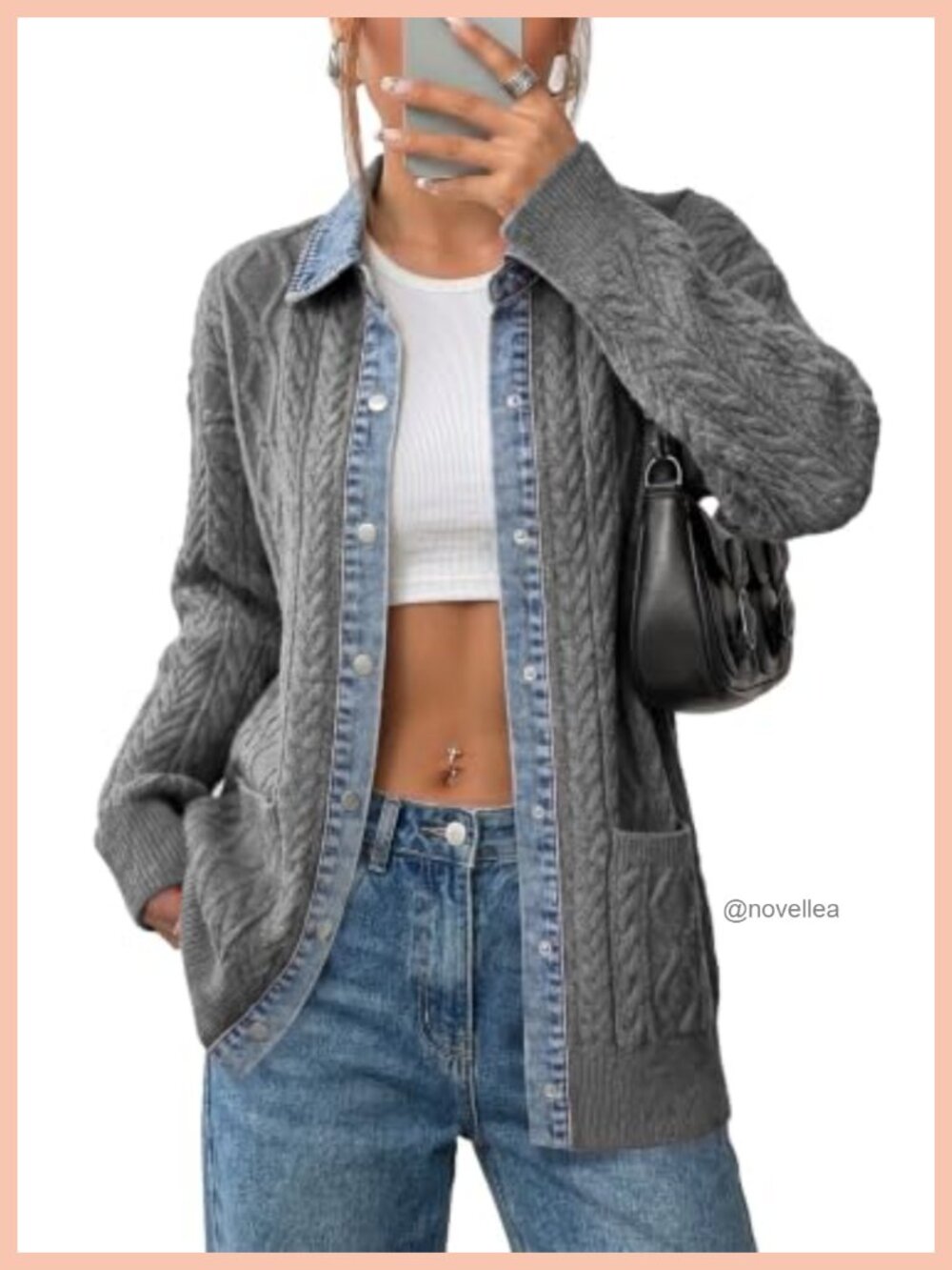 Cable Knit Denim Collar Cardigan Sweater Button Front Pockets